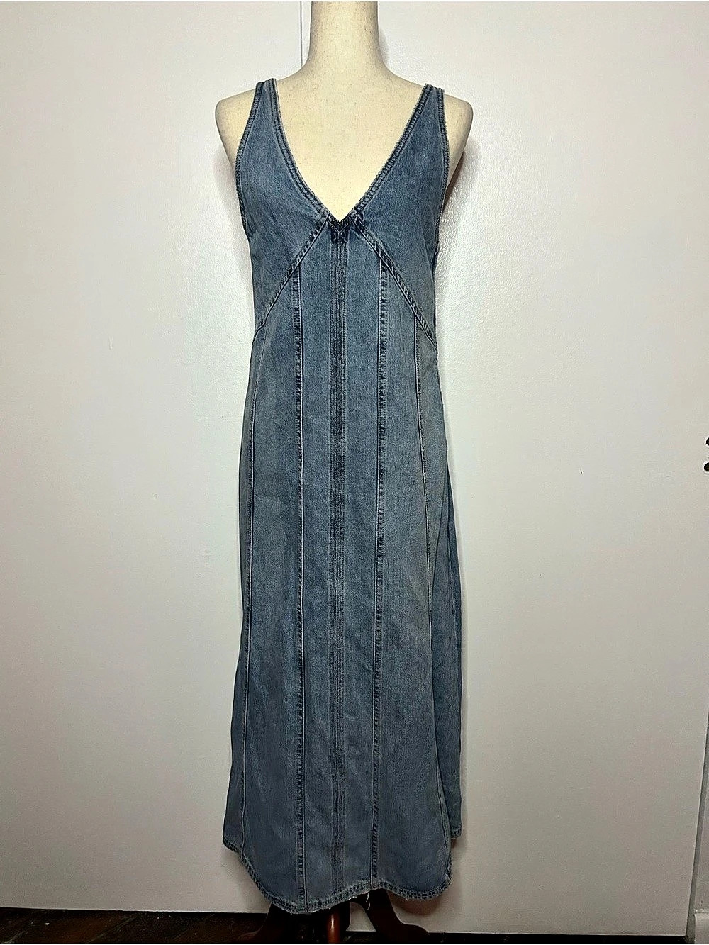 ZARA Denim Paneled Midi Blue V-Neck Sleeveless Dress - Size Small NWT